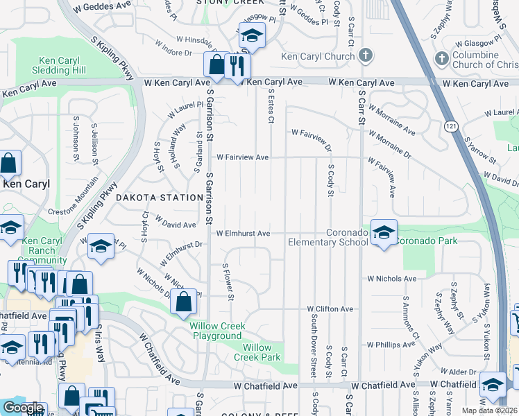 map of restaurants, bars, coffee shops, grocery stores, and more near 7853 South Estes Court in Littleton