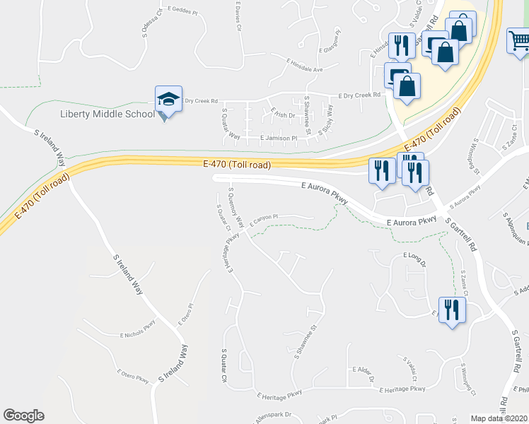 map of restaurants, bars, coffee shops, grocery stores, and more near 21971 East Canyon Place in Aurora