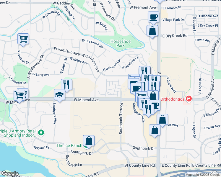 map of restaurants, bars, coffee shops, grocery stores, and more near 501 West Mineral Avenue in Littleton