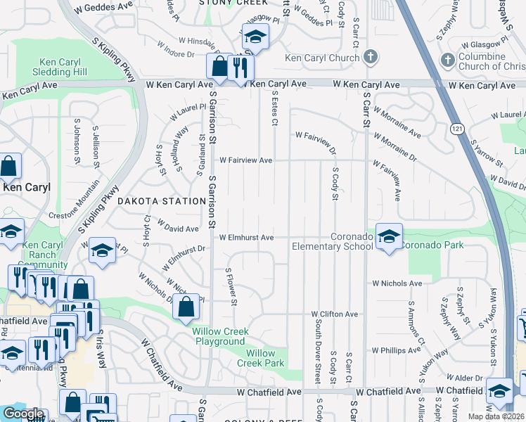 map of restaurants, bars, coffee shops, grocery stores, and more near 7853 South Estes Court in Littleton