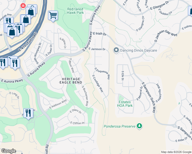 map of restaurants, bars, coffee shops, grocery stores, and more near 7803 South Coolidge Way in Aurora