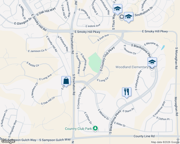 map of restaurants, bars, coffee shops, grocery stores, and more near 26785 East Canyon Avenue in Aurora