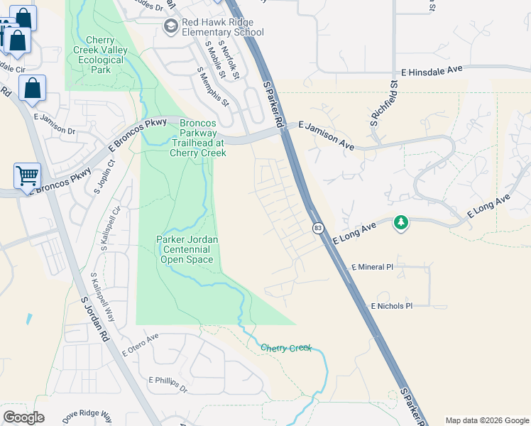 map of restaurants, bars, coffee shops, grocery stores, and more near 7931 South Parker Road in Centennial