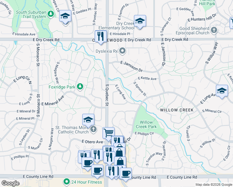 map of restaurants, bars, coffee shops, grocery stores, and more near 7474 East Long Avenue in Centennial