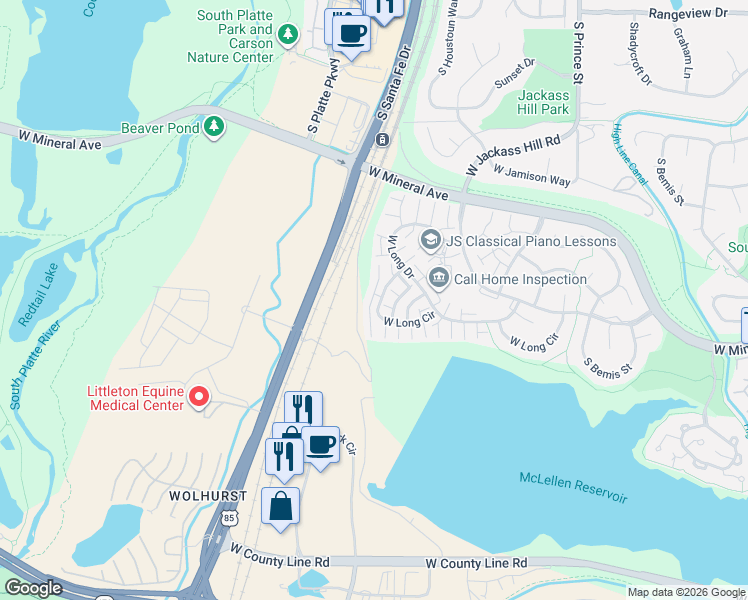 map of restaurants, bars, coffee shops, grocery stores, and more near 2898 West Long Circle in Littleton