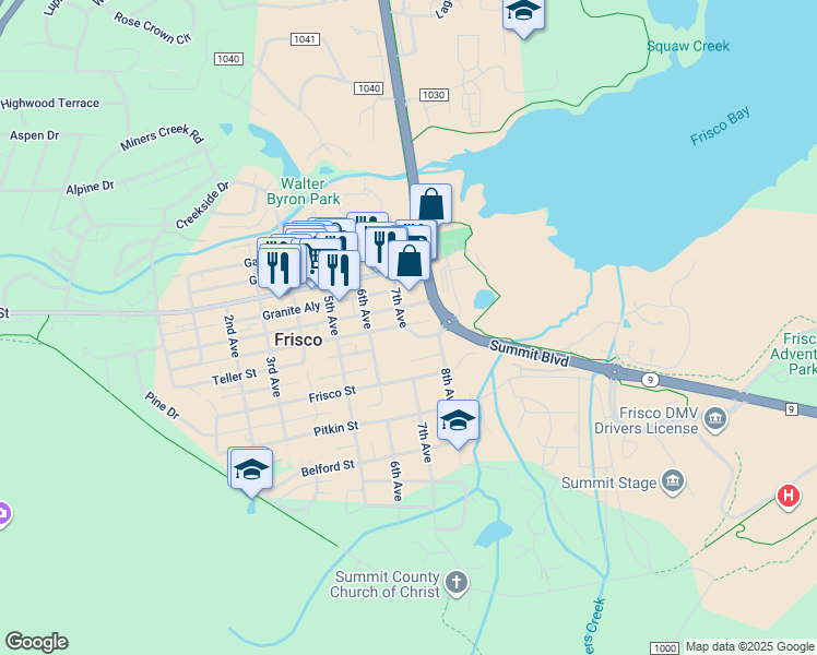 map of restaurants, bars, coffee shops, grocery stores, and more near 628 Teller Street in Frisco