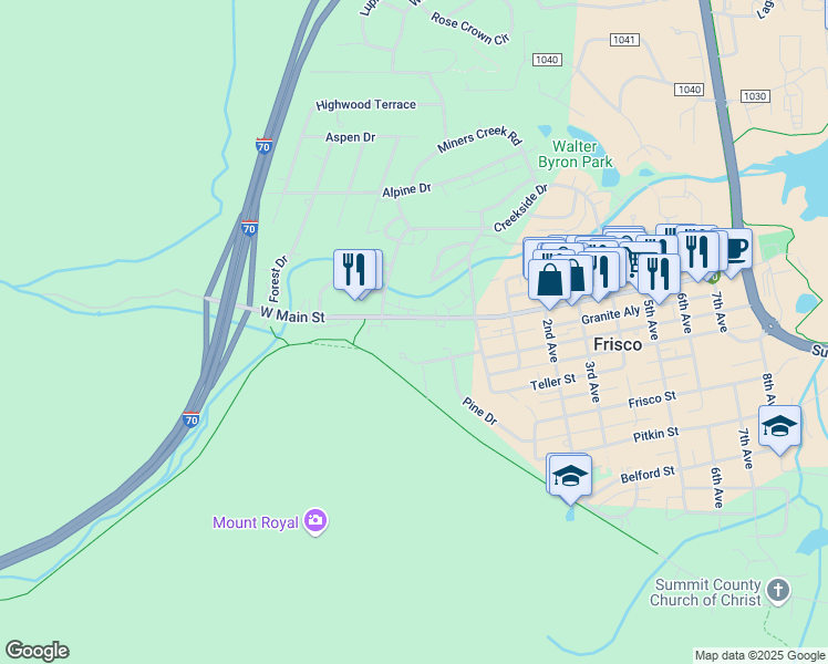 map of restaurants, bars, coffee shops, grocery stores, and more near 193 Mount Royal Drive in Frisco