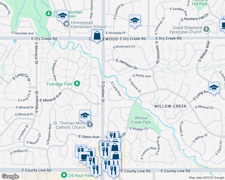 map of restaurants, bars, coffee shops, grocery stores, and more near 7474 East Long Avenue in Centennial
