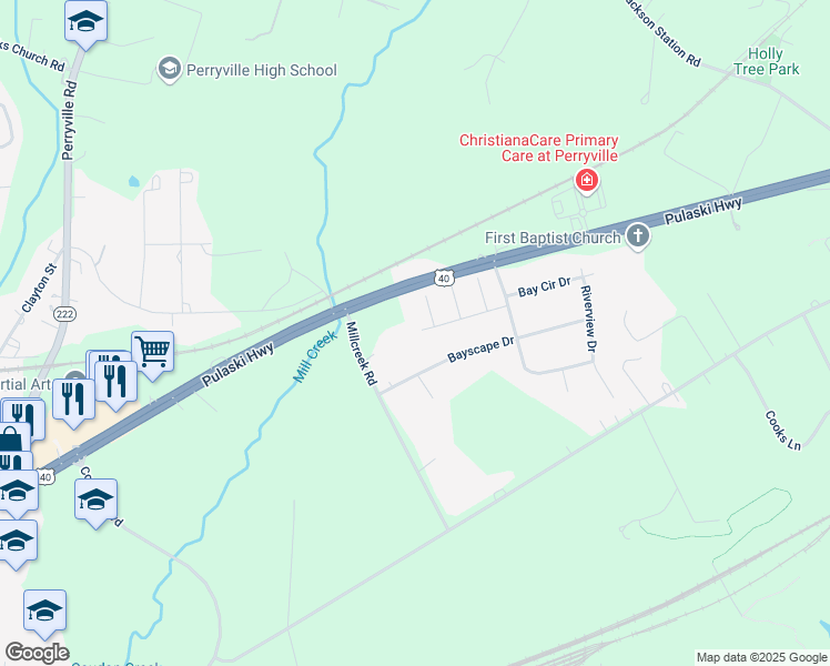 map of restaurants, bars, coffee shops, grocery stores, and more near 152 Millcreek Road in Perryville