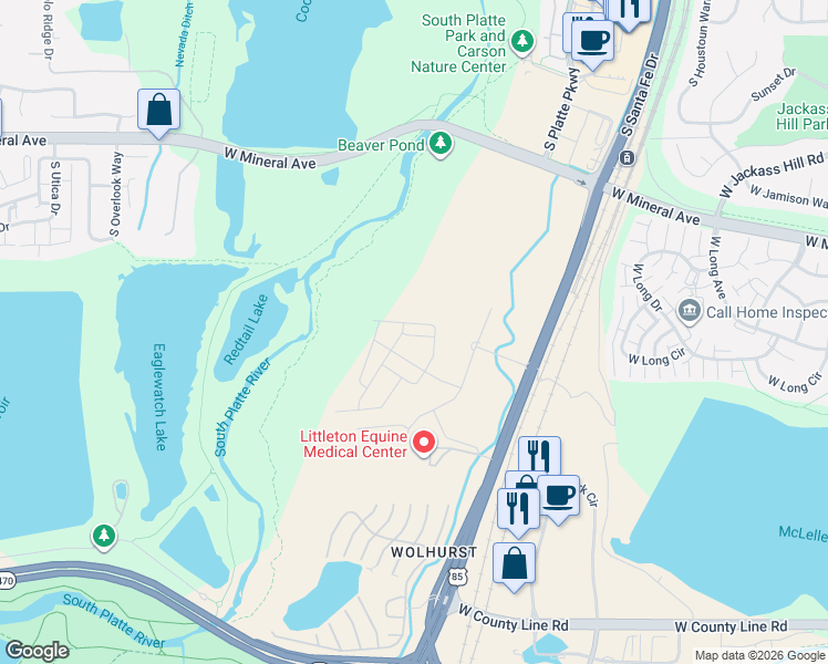 map of restaurants, bars, coffee shops, grocery stores, and more near 7875 South Santa Fe Drive in Littleton