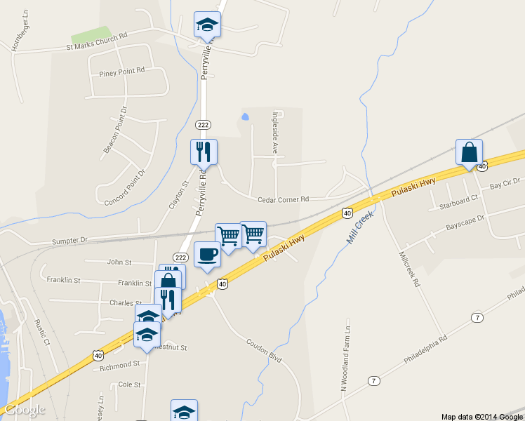 map of restaurants, bars, coffee shops, grocery stores, and more near 1134 Cedar Corner Road in Perryville