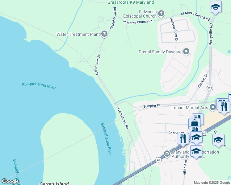map of restaurants, bars, coffee shops, grocery stores, and more near 1418 Frenchtown Road in Perryville