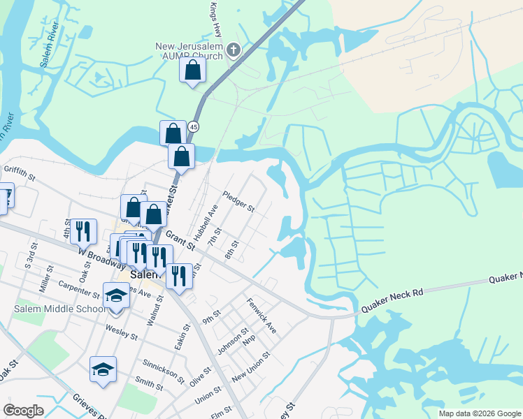 map of restaurants, bars, coffee shops, grocery stores, and more near 62 8th Street in Salem