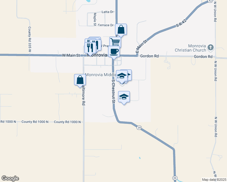map of restaurants, bars, coffee shops, grocery stores, and more near State Road 39 in Monrovia