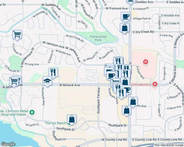 map of restaurants, bars, coffee shops, grocery stores, and more near 501 West Mineral Avenue in Littleton