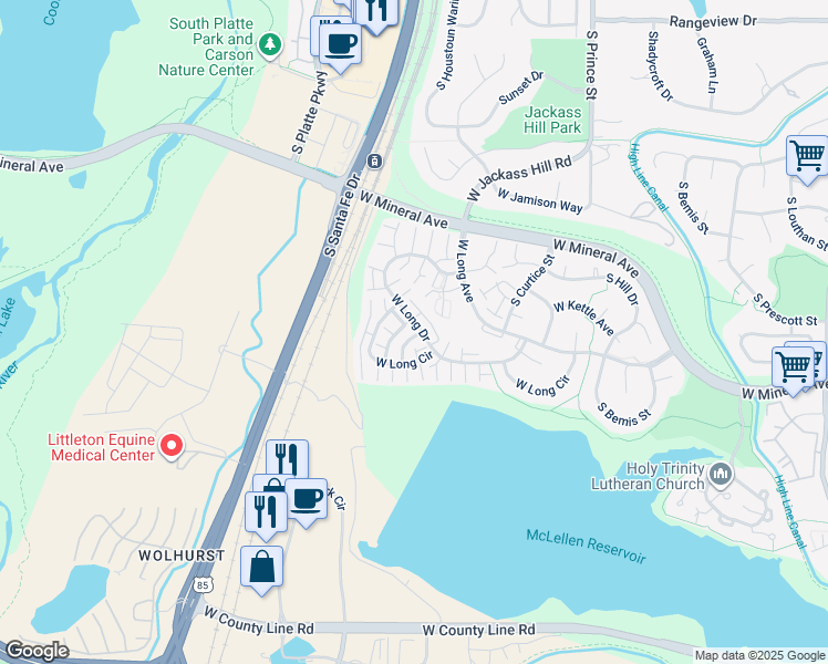 map of restaurants, bars, coffee shops, grocery stores, and more near 2889 West Long Circle in Littleton