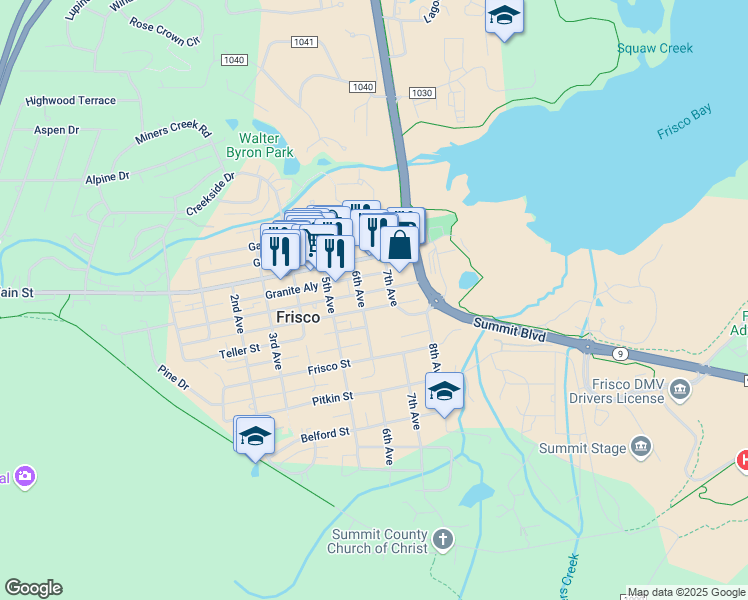 map of restaurants, bars, coffee shops, grocery stores, and more near 521 Teller Street in Frisco