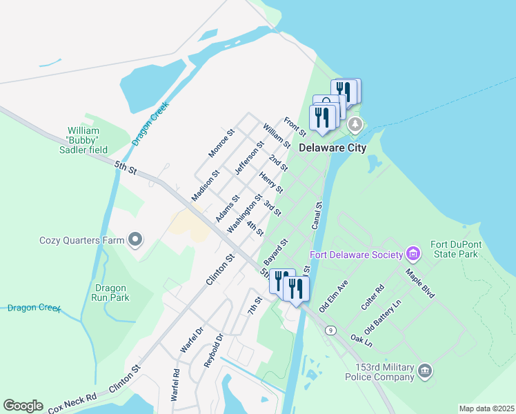 map of restaurants, bars, coffee shops, grocery stores, and more near 309 Washington Street in Delaware City