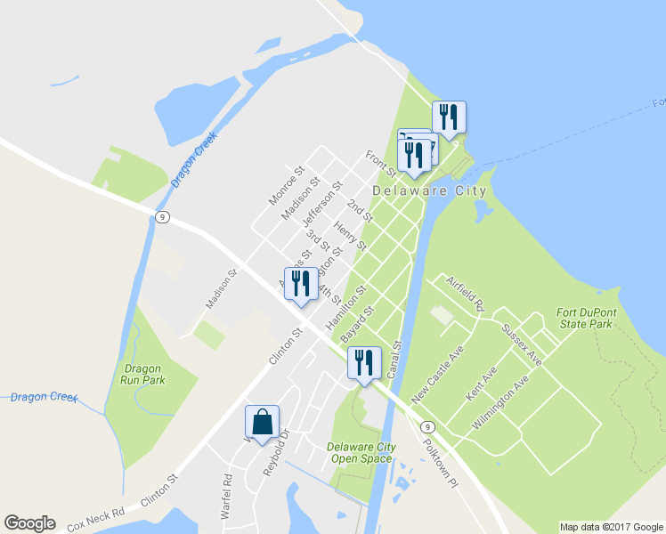 map of restaurants, bars, coffee shops, grocery stores, and more near 309 Washington Street in Delaware City