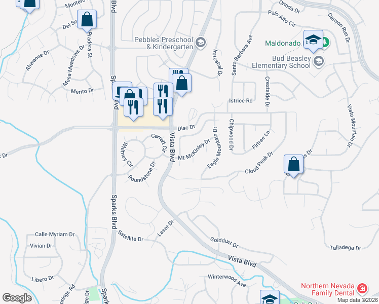 map of restaurants, bars, coffee shops, grocery stores, and more near 4475 Kings Peak Circle in Sparks