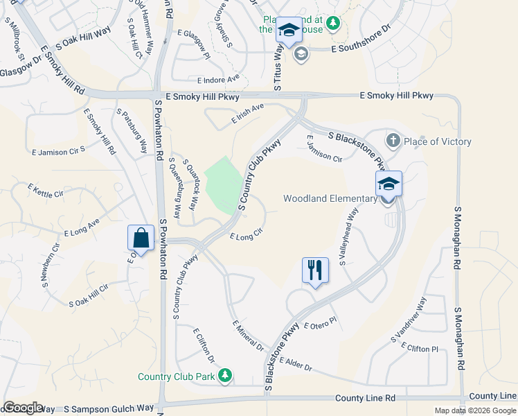 map of restaurants, bars, coffee shops, grocery stores, and more near 27001 East Long Circle in Aurora