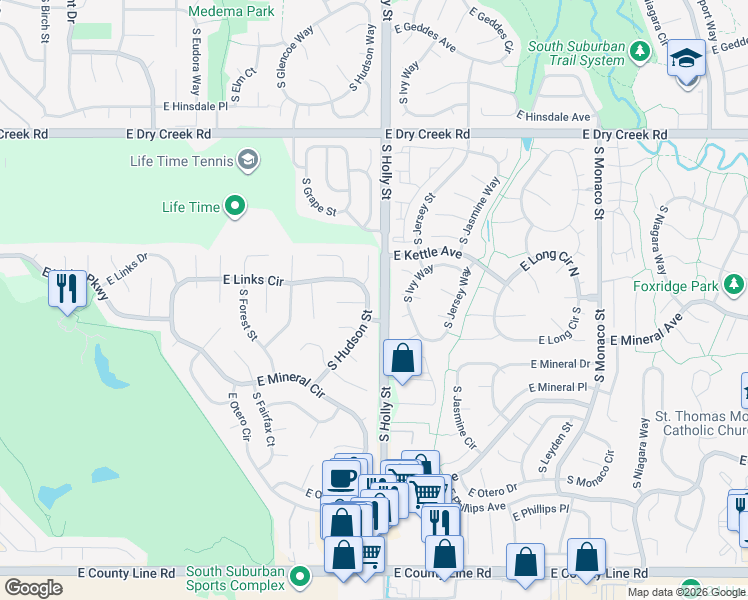 map of restaurants, bars, coffee shops, grocery stores, and more near 5597 East Links Circle in Centennial