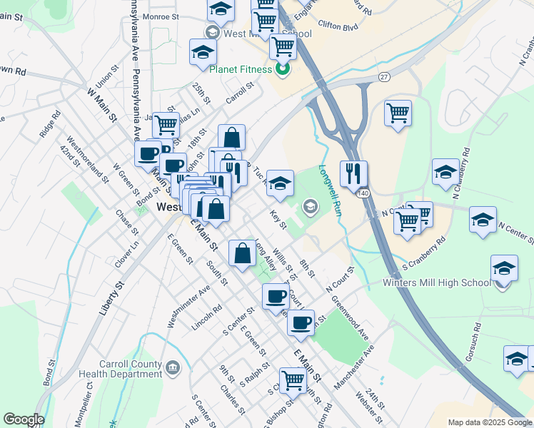 map of restaurants, bars, coffee shops, grocery stores, and more near 111 Longwell Avenue in Westminster