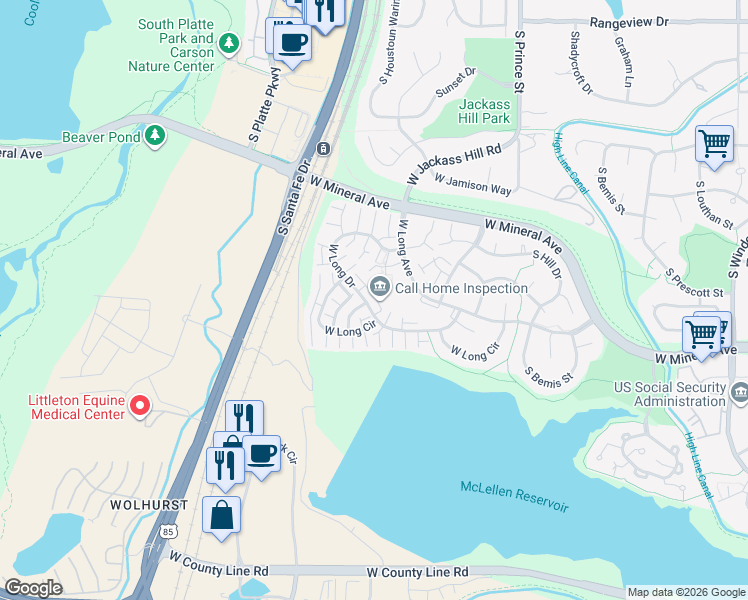 map of restaurants, bars, coffee shops, grocery stores, and more near 2881 West Long Drive in Littleton
