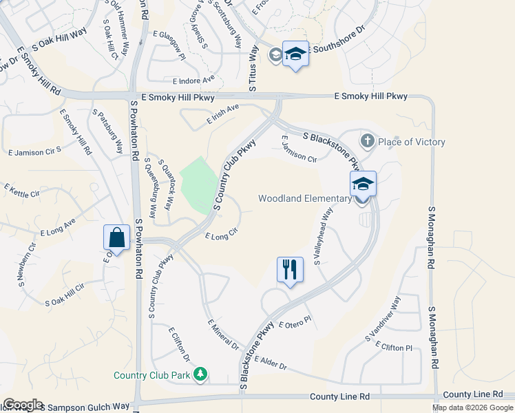 map of restaurants, bars, coffee shops, grocery stores, and more near 27160 East Long Place in Aurora