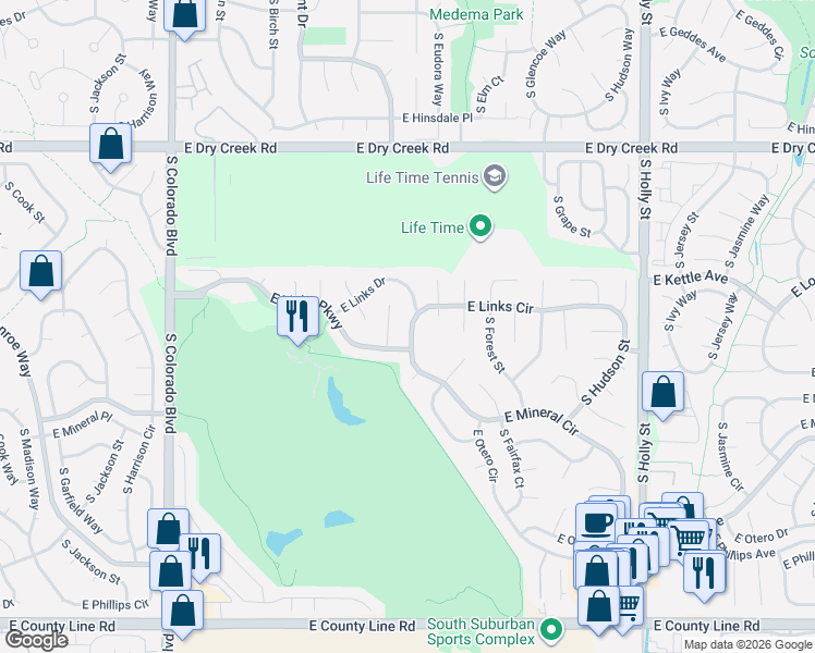 map of restaurants, bars, coffee shops, grocery stores, and more near 4803 East Links Circle in Centennial