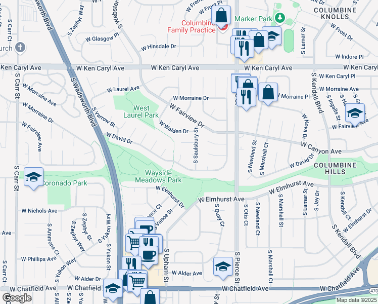 map of restaurants, bars, coffee shops, grocery stores, and more near 7857 South Saulsbury Street in Littleton