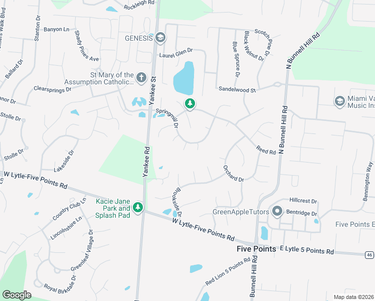 map of restaurants, bars, coffee shops, grocery stores, and more near 80 Millbrook Court in Springboro