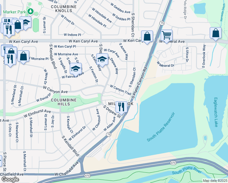 map of restaurants, bars, coffee shops, grocery stores, and more near 7918 South Depew Street in Littleton