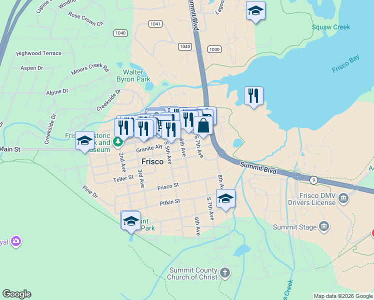 map of restaurants, bars, coffee shops, grocery stores, and more near 521 Teller Street in Frisco