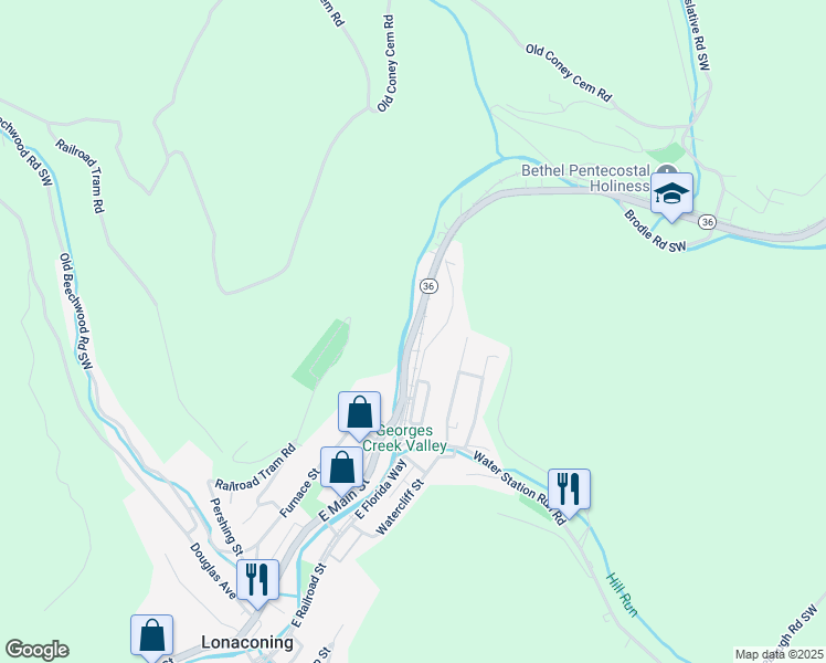 map of restaurants, bars, coffee shops, grocery stores, and more near 16915 Lower Georges Creek Road Southwest in Lonaconing