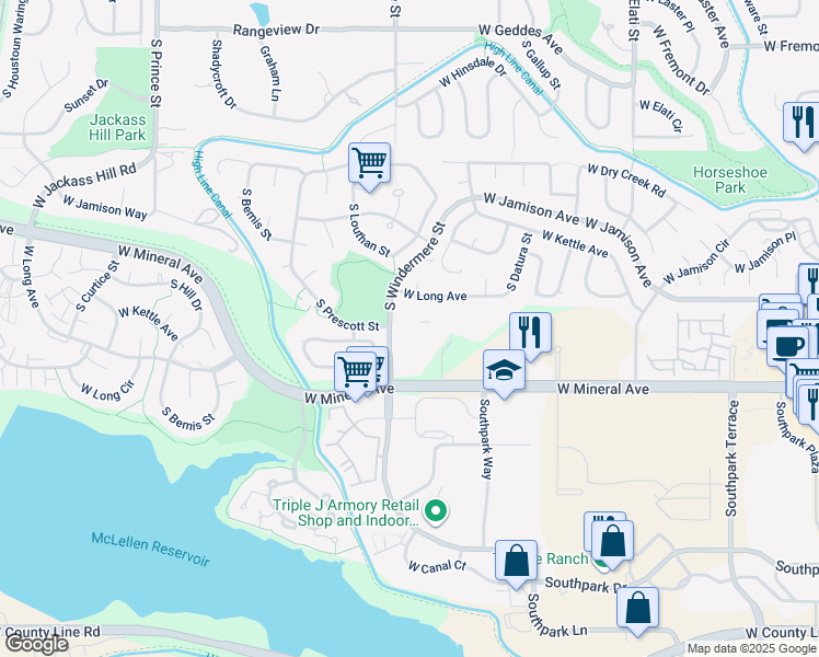 map of restaurants, bars, coffee shops, grocery stores, and more near 7800 South Windermere Street in Littleton