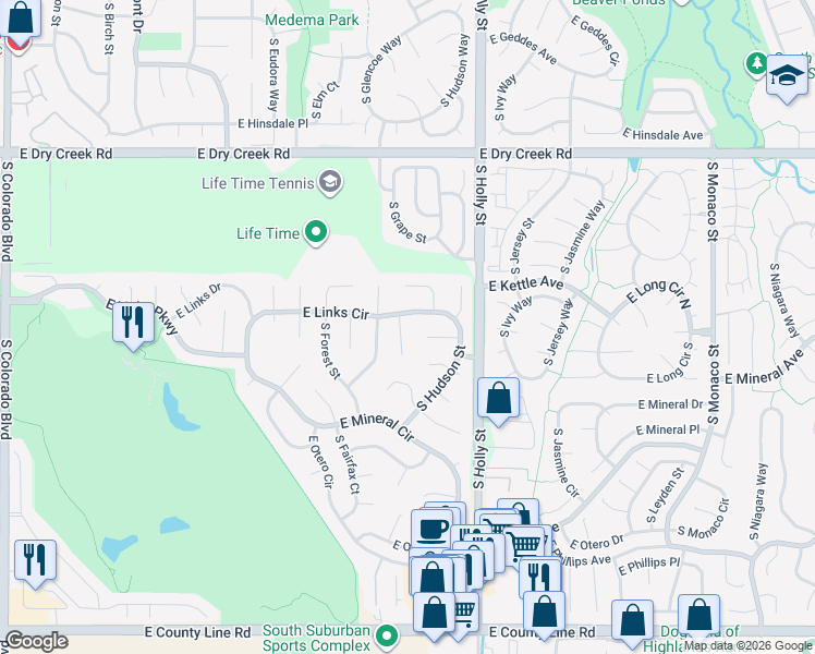 map of restaurants, bars, coffee shops, grocery stores, and more near 7742 South Glencoe Court in Centennial
