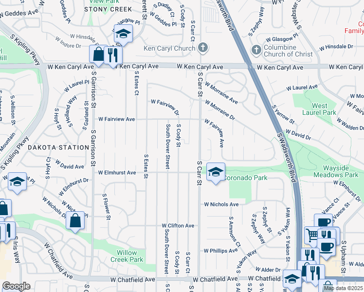 map of restaurants, bars, coffee shops, grocery stores, and more near 7804 South Cody Street in Littleton