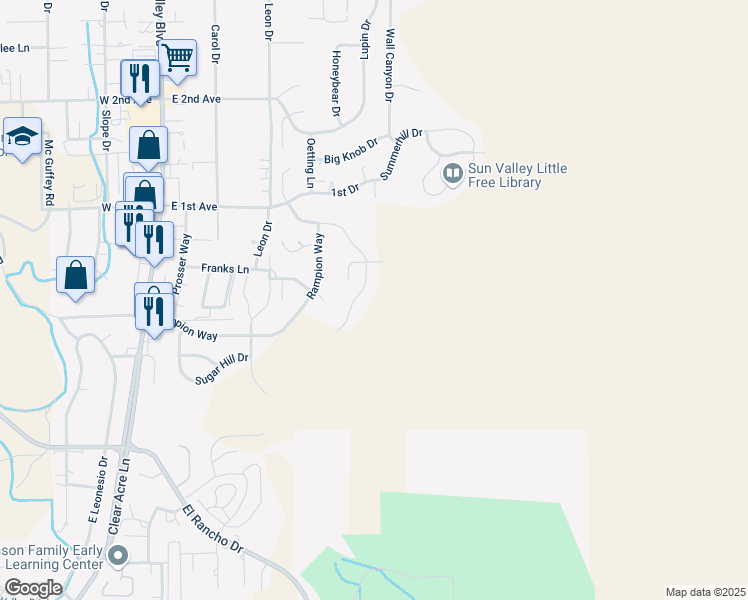 map of restaurants, bars, coffee shops, grocery stores, and more near 620 Llewellyn in Sun Valley