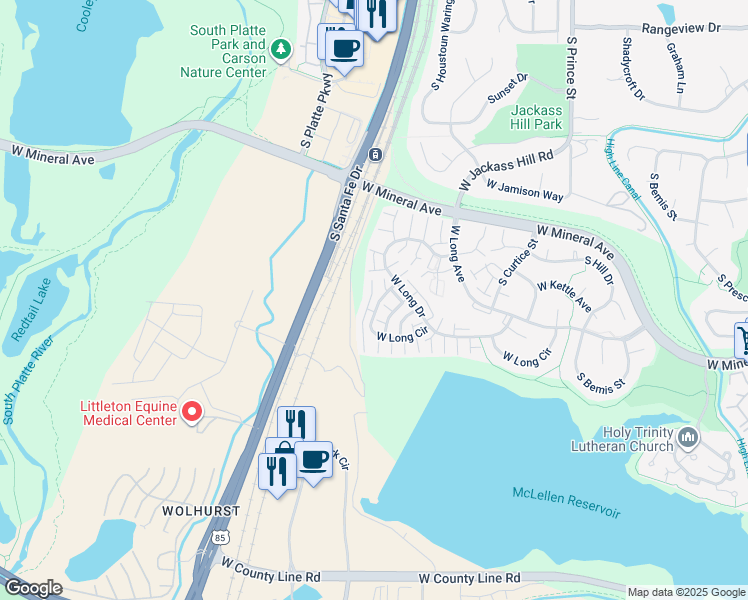 map of restaurants, bars, coffee shops, grocery stores, and more near 2910 West Long Circle in Littleton