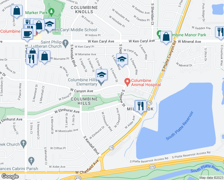 map of restaurants, bars, coffee shops, grocery stores, and more near 7781 South Fenton Street in Littleton