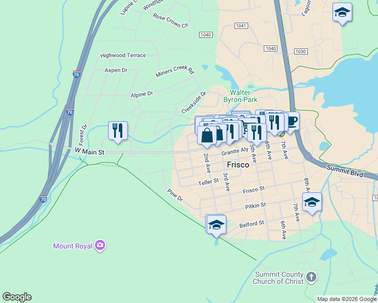 map of restaurants, bars, coffee shops, grocery stores, and more near 110 Galena Street in Frisco