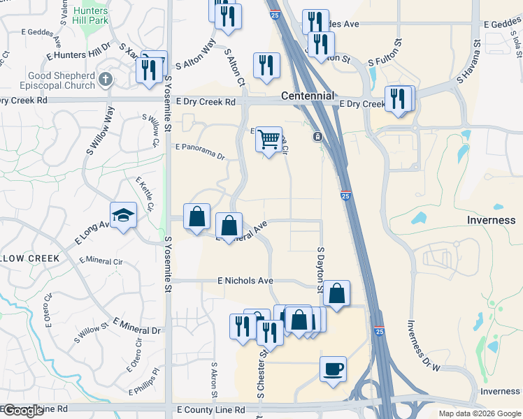 map of restaurants, bars, coffee shops, grocery stores, and more near 9601 East Panorama Circle in Centennial
