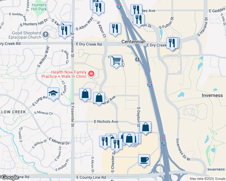 map of restaurants, bars, coffee shops, grocery stores, and more near 9601 East Panorama Circle in Centennial