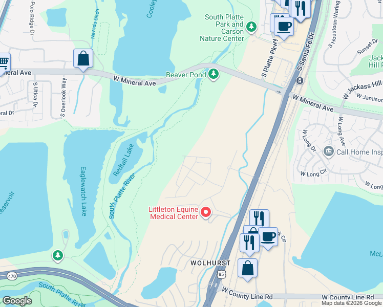 map of restaurants, bars, coffee shops, grocery stores, and more near East Trail in Littleton