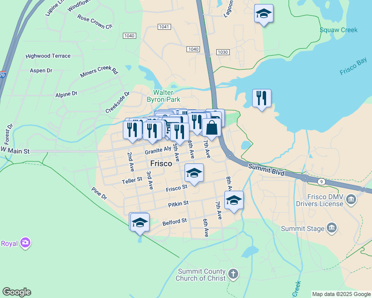 map of restaurants, bars, coffee shops, grocery stores, and more near 107 6th Avenue in Frisco