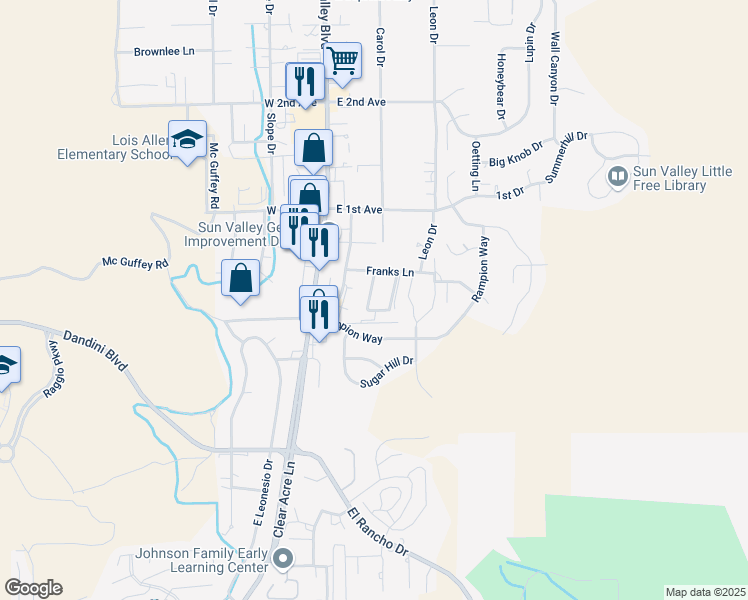 map of restaurants, bars, coffee shops, grocery stores, and more near 53 Franks Lane in Sun Valley