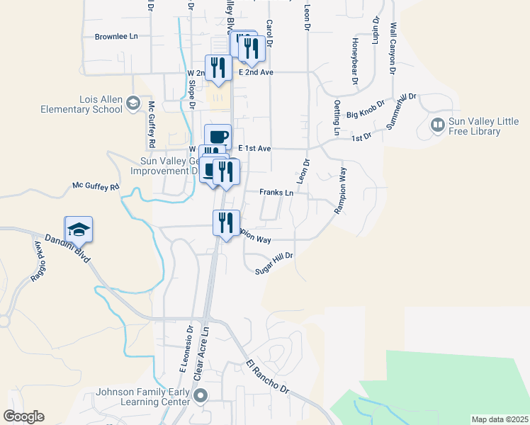 map of restaurants, bars, coffee shops, grocery stores, and more near 53 Franks Lane in Sun Valley