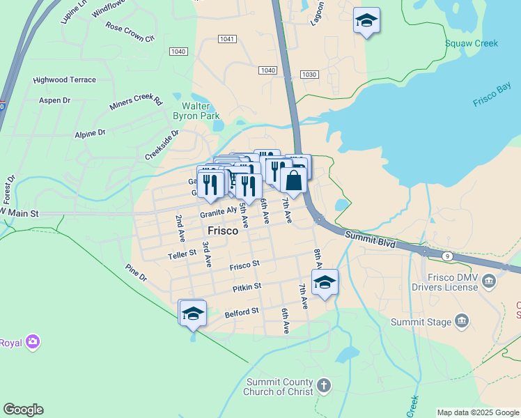 map of restaurants, bars, coffee shops, grocery stores, and more near 107 6th Avenue in Frisco