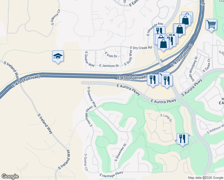 map of restaurants, bars, coffee shops, grocery stores, and more near 21758-22130 East Aurora Parkway in Aurora
